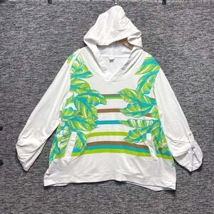 SunBay Tropical Palm Leaf Hoodie Women 2X White Hooded Sweatshirt Pockets Travel